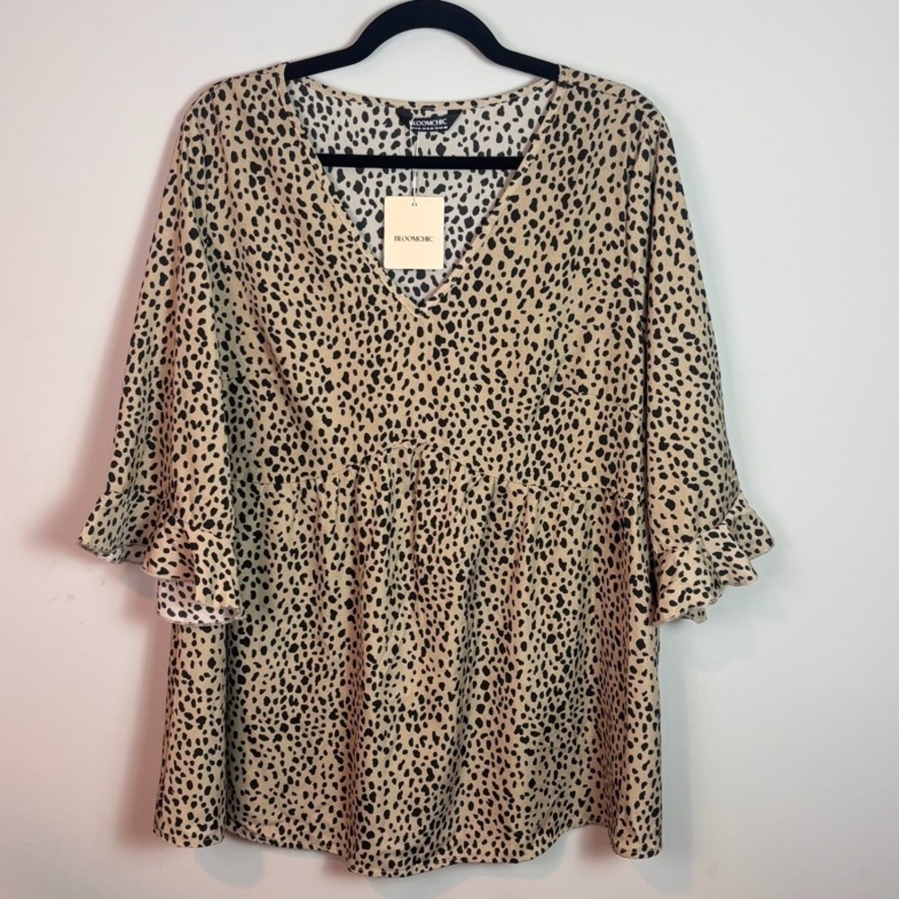 NEW Bloomchic Womens Brown Animal Print Lightweight Ruffle 3/4 Sleeve Top 14/16